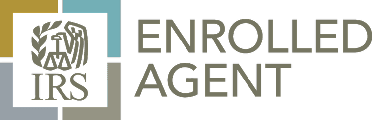 IRS Enrolled Agent logo with abstract leaf design and the text 'ENROLLED AGENT' next to it.